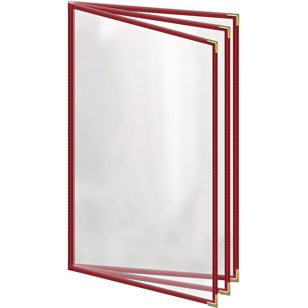 A red rectangular menu cover with gold corners and a gloss finish.