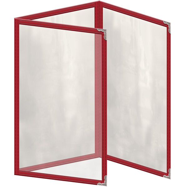 A red rectangle with a white border and silver corner decorations.