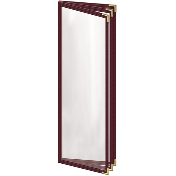 A maroon vinyl menu cover with gold smooth corners and a glossy finish.