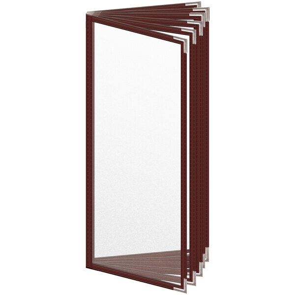 A maroon H. Risch, Inc. vinyl menu cover with silver corners and matte finish displaying a menu.