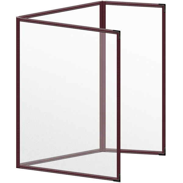 A white rectangular menu cover with maroon trim.