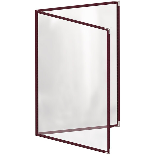 A white paper menu with a red border inside a clear plastic cover with a maroon border.