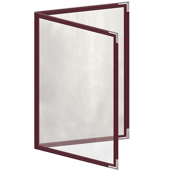 A rectangular maroon menu cover with silver corners and a glossy finish.