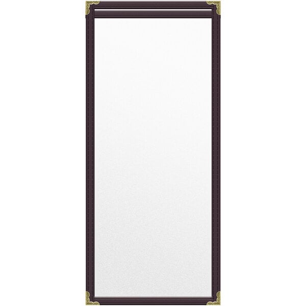 A white rectangular menu cover with black and gold trim.