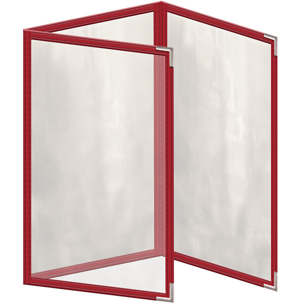 A red vinyl menu cover with white stitching and silver corners.