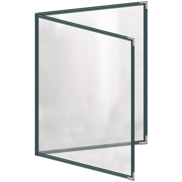 A white rectangular menu cover with a silver metal border and a glossy finish with four clear window panels.