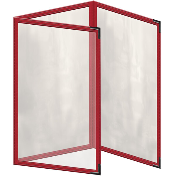 A red H. Risch, Inc. vinyl menu cover with black corners and white stitching.