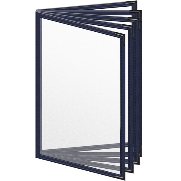 A group of blue H. Risch, Inc. vinyl menu covers with black smooth corners.