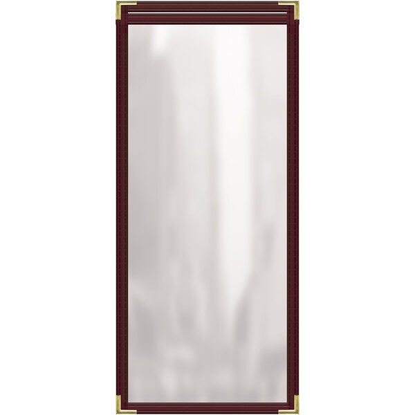 A rectangular maroon vinyl menu cover with gold smooth corners.