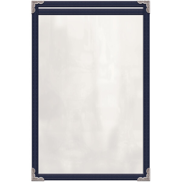 A white board with a blue border and silver decorative corners with a glossy finish.