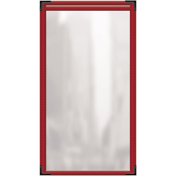A red rectangular H. Risch, Inc. vinyl menu cover with black smooth corners and a gloss finish.