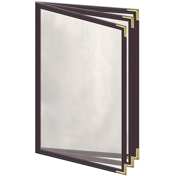 A brown vinyl menu cover with gold smooth corners and a gloss finish.