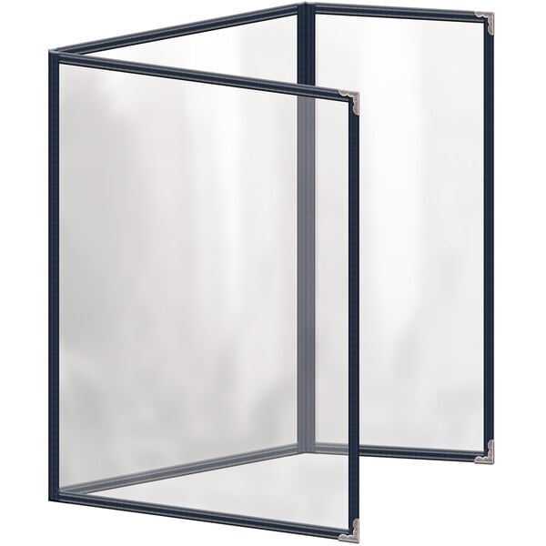 A blue menu cover with silver decorative corners and a glossy finish.