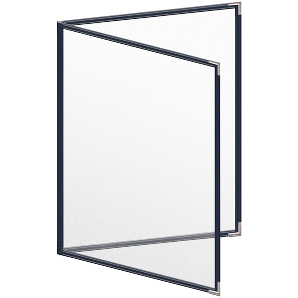 A blue menu cover with silver corners and a matte finish with white inserts.