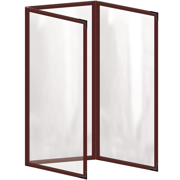 A maroon rectangular vinyl menu cover with black corners and black lines.