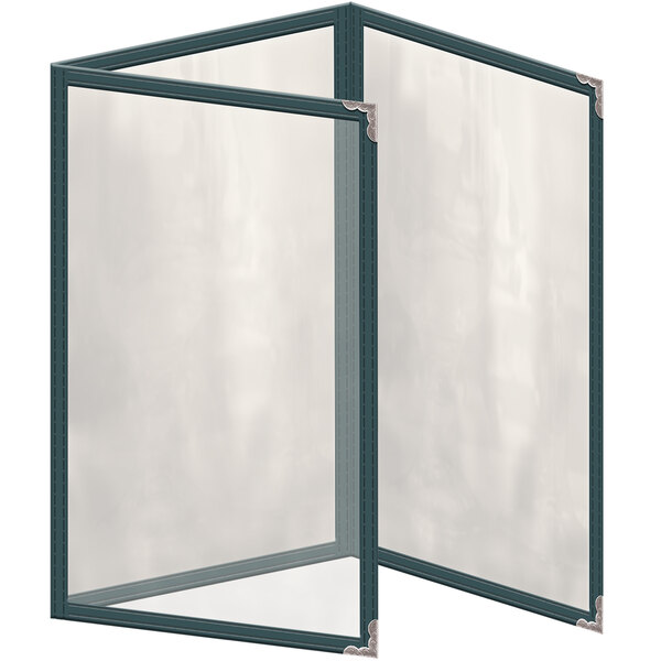 A green H. Risch TET vinyl menu cover with silver decorative corners and a glossy finish.
