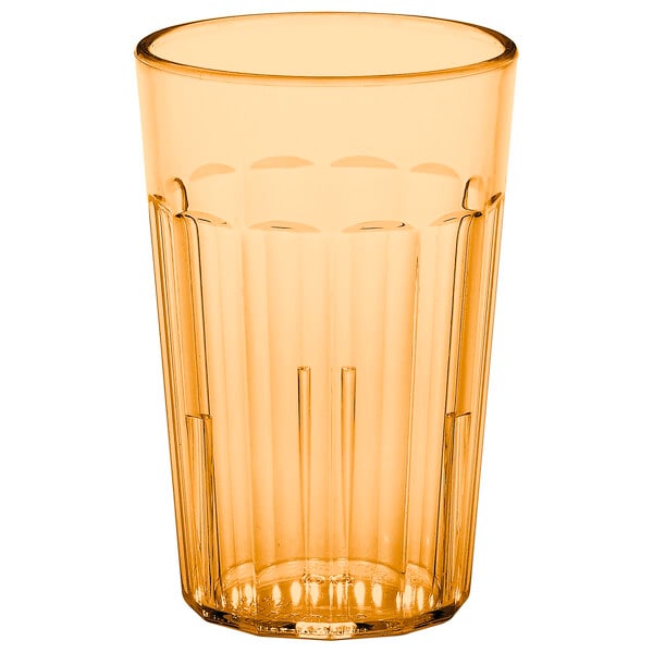 A Cambro Newport plastic tumbler with a clear ribbed bottom and a brown rim.