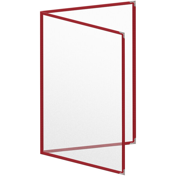 A white board with red stitching and a red frame with silver corners containing a H. Risch, Inc. TED menu cover.