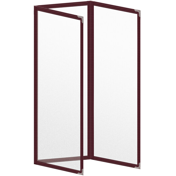 A maroon vinyl menu cover with silver corners and a matte finish.