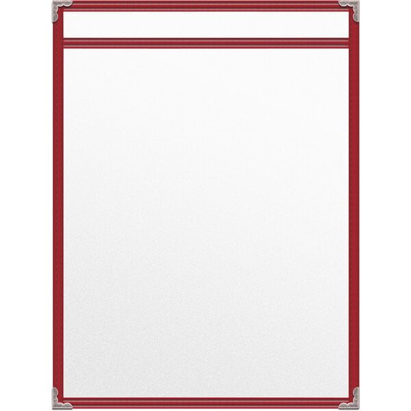 A white menu board with a red border and silver decorative corners containing a white paper with red border.