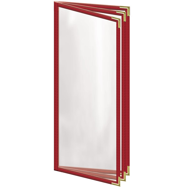 A red rectangular menu cover with gold corners and trim.