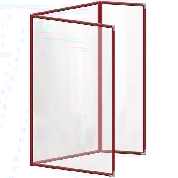 A red rectangular menu cover with silver decorative corners and a glossy finish.