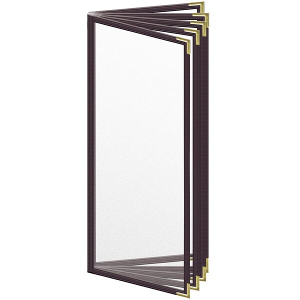 A brown vinyl menu cover with gold smooth corners and a glass window.