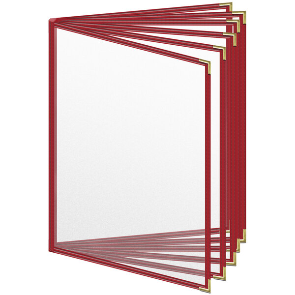 A red H. Risch, Inc. vinyl menu cover with gold smooth corners and matte finish.