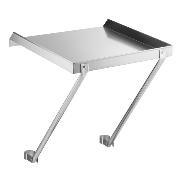 A metal wall-mounted shelf with a flat surface, raised back edge, and two angled support brackets.