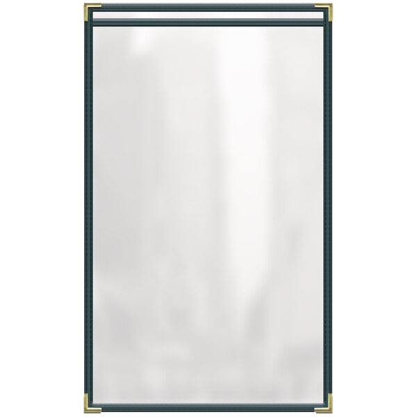 A white rectangular menu cover with gold corners and a black frame.