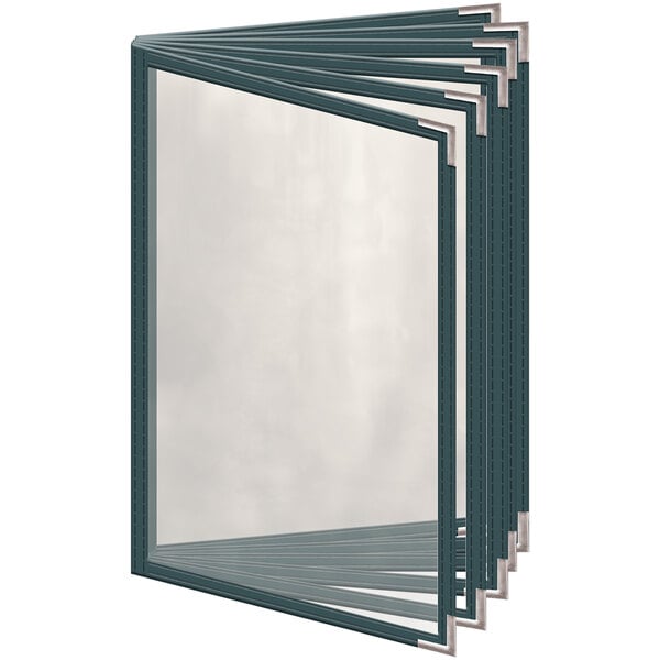 A group of H. Risch, Inc. green vinyl menu covers with clear glass inserts.