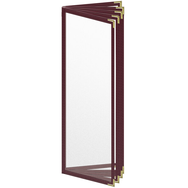 A maroon vinyl menu cover with gold corners and a window for 10 pages.