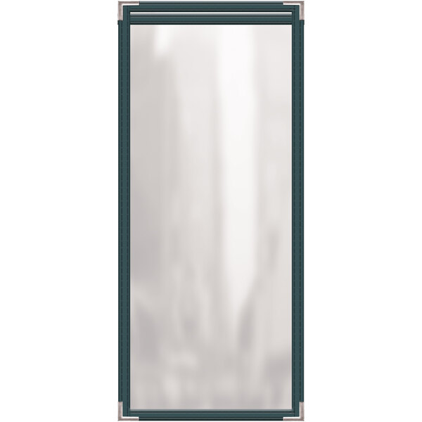 A rectangular green vinyl menu cover with silver smooth corners and a glossy finish.