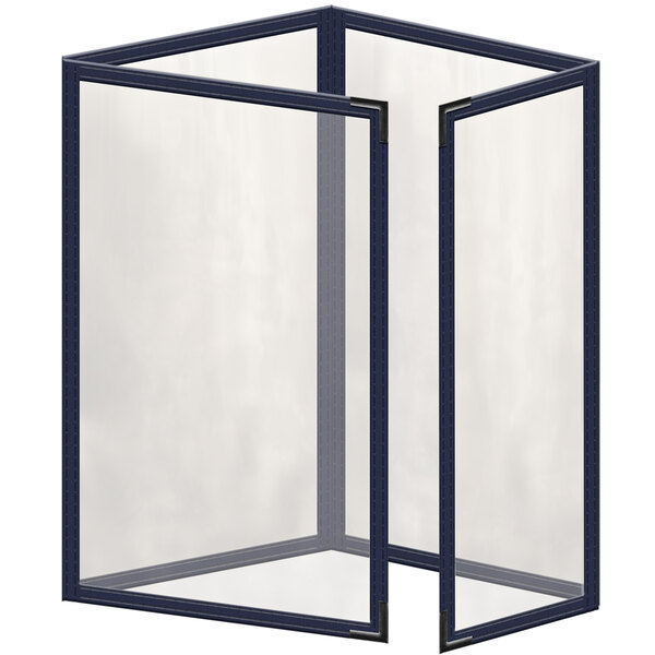 A white rectangular menu cover with a black border and blue interior.