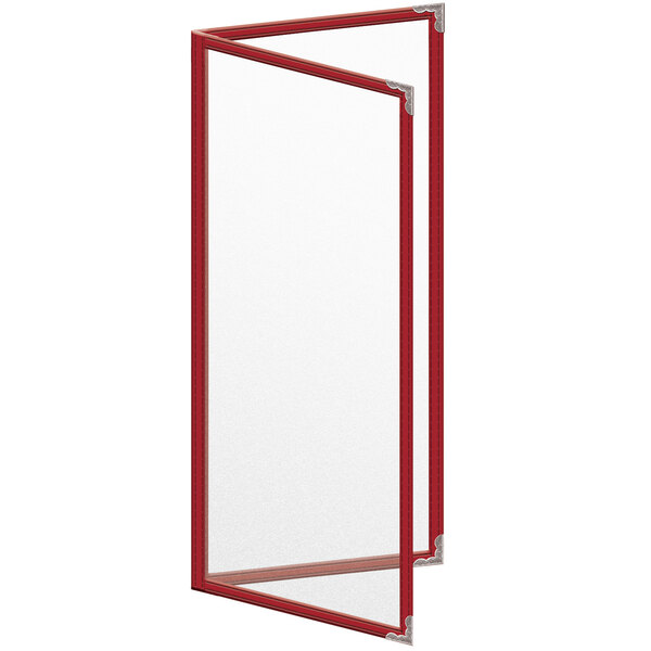 A red rectangular menu cover with silver decorative corners.