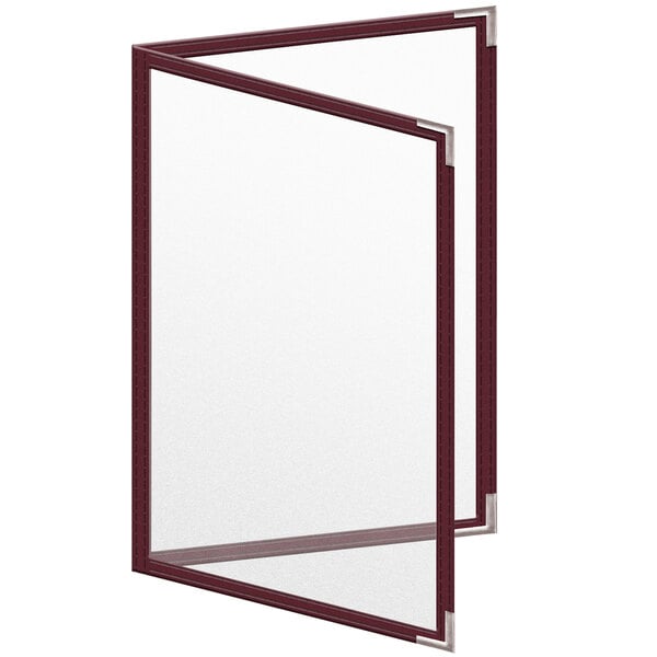 A maroon menu cover with matte finish and silver corners.