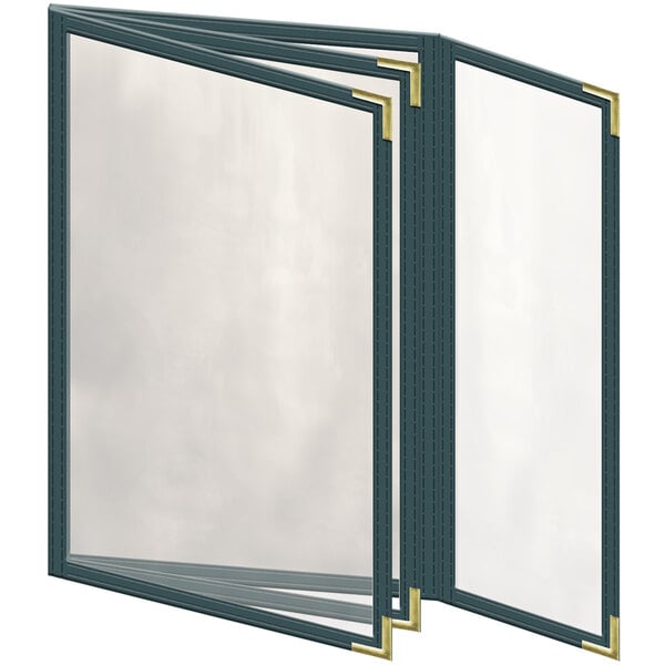 A H. Risch, Inc. green vinyl menu cover with gold corners and trim.