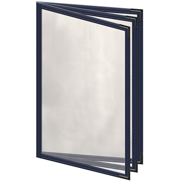 A blue vinyl menu cover with black smooth corners and a gloss finish with three clear plastic pockets.