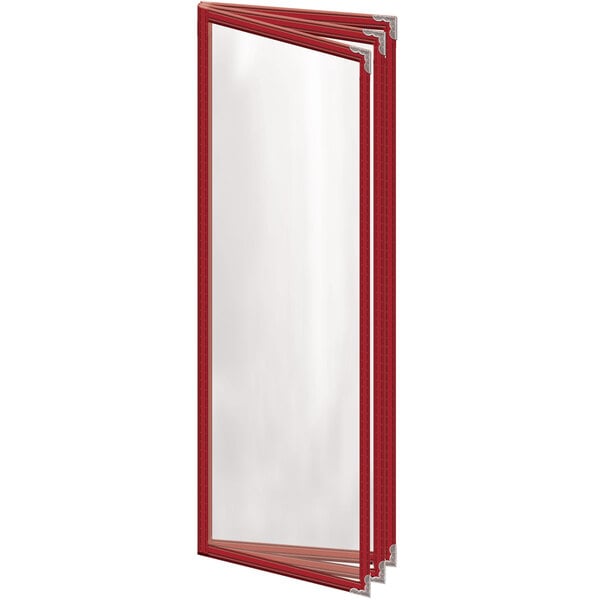 A red rectangular menu cover with silver corners and a gloss finish.