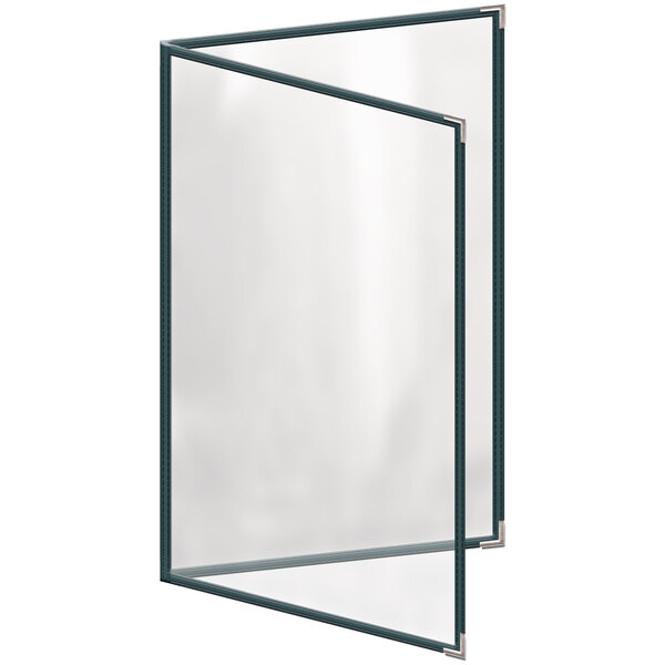 A rectangular glass menu cover with silver corners and a black border.
