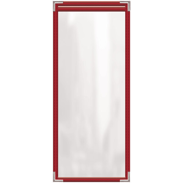 A rectangular red menu cover with silver corners and a gloss finish.