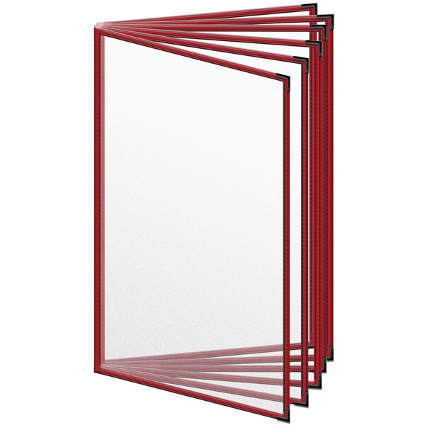 A red H. Risch, Inc. vinyl menu cover with black smooth corners and 12 plastic sheets with white inserts.