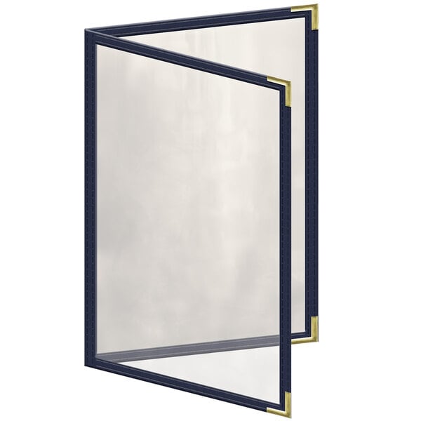 A blue rectangular H. Risch, Inc. menu cover with gold corners and trim.