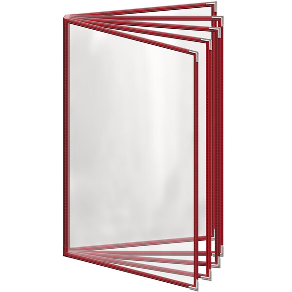 A red vinyl menu cover with 10 clear plastic pockets.