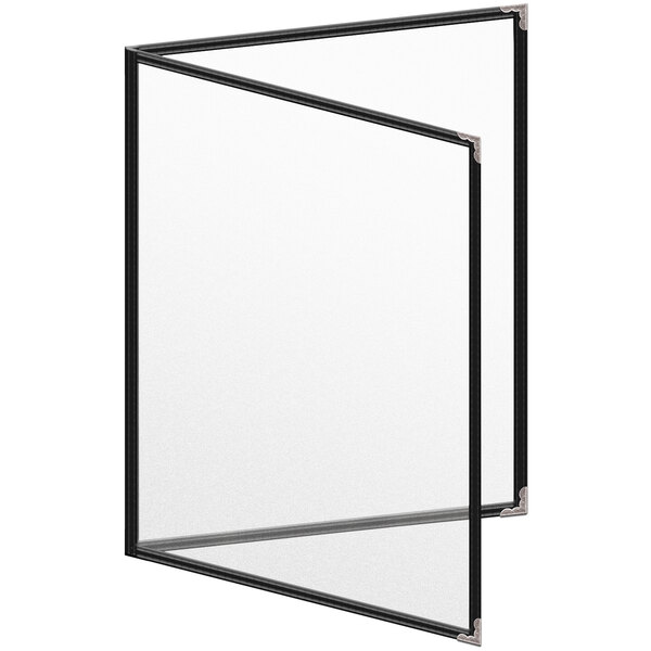 A black menu cover with silver decorative corners and clear panels.