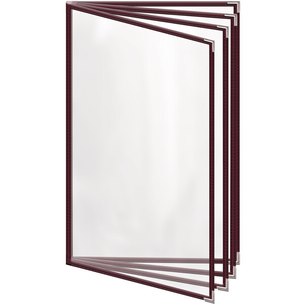 A white rectangular menu cover with red trim.