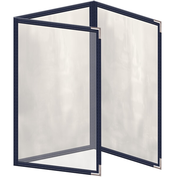 A blue rectangular vinyl menu cover with silver smooth corners and black border.
