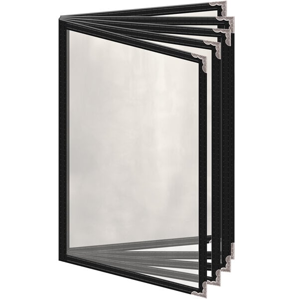 A stack of four black rectangular menu covers with silver corners.