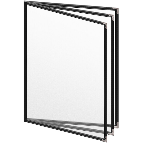 A stack of black TETB Deluxe Sewn menu covers with silver decorative corners and a matte finish.