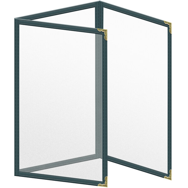 A green vinyl menu cover with gold decorative corners on a glass table.